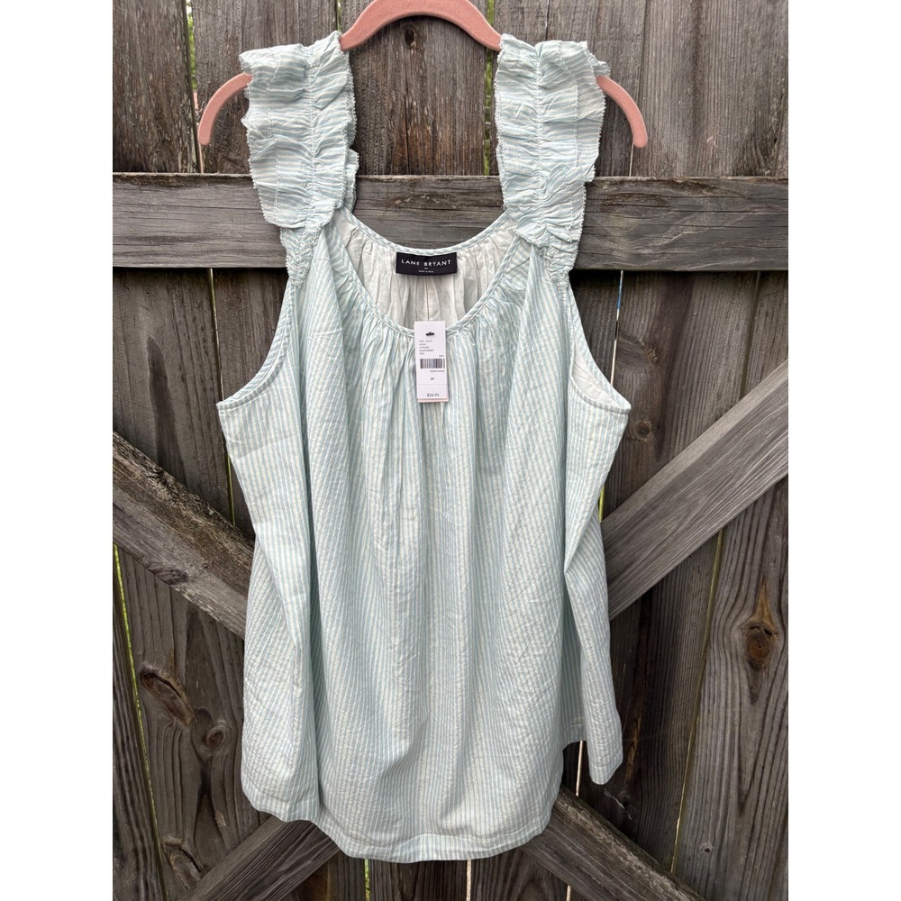Lane Bryant Blue White Striped Gold Metallic‎ Ruffle Strap Tank Top Plus Size 24
